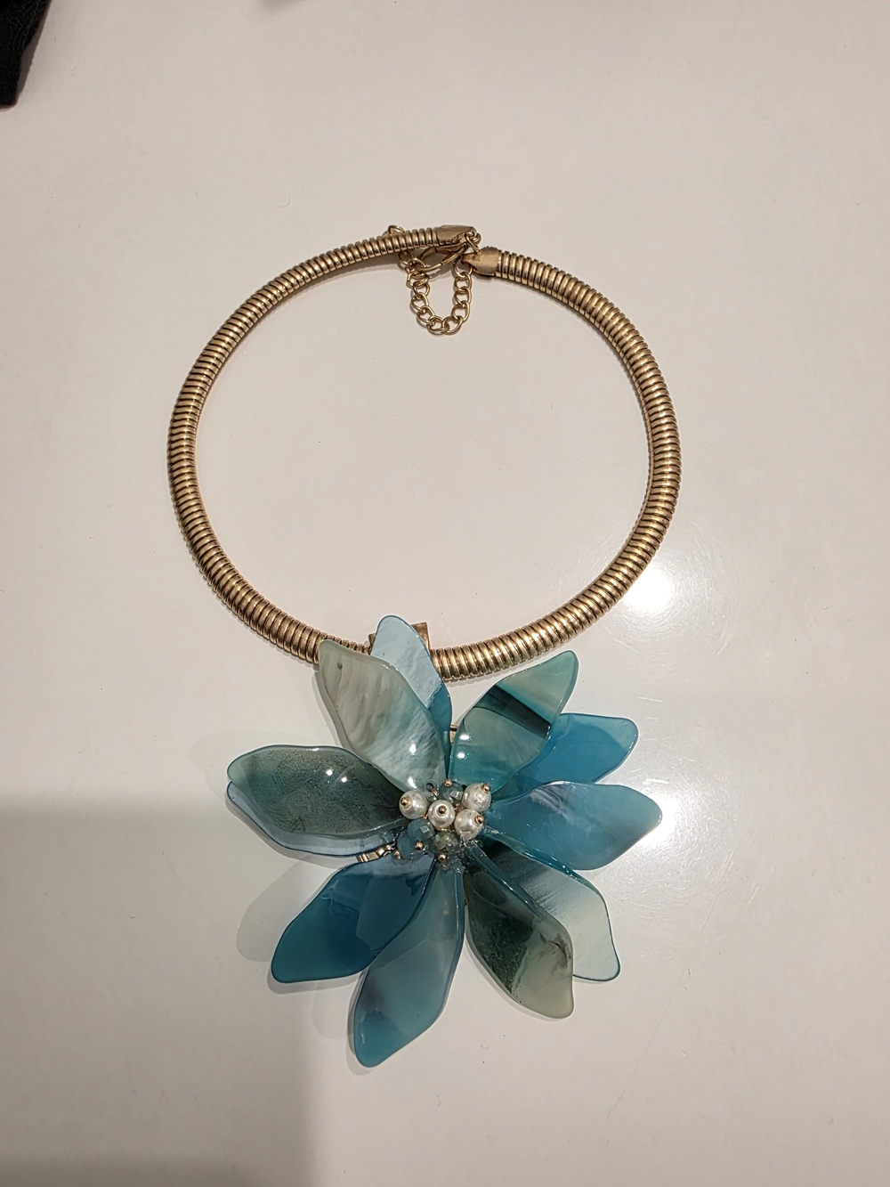 Gold Collar Necklace with Teal Blue Flower Pendant by